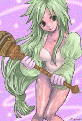 Rule 34 | 1girl, 7 (poooonyo-kumaaaaaaao), bare legs, bent over, breasts, cleavage, closed mouth, collarbone, colored skin, eyebrows, eyelashes, facing viewer, final fantasy, final fantasy ix, garnet til alexandros xvii, gloves, green eyes, green hair, head tilt, holding, juliet sleeves, knees together feet apart, leaning forward, legs, leotard, long hair, long sleeves, low-tied long hair, markings, medium breasts, multicolored background, official alternate costume, pink skin, puffy long sleeves, puffy sleeves, racket, signature, smile, solo, standing, thigh gap, trance garnet til alexandros xvii, very long hair, white gloves, white leotard