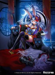 Rule 34 | 1boy, 1girl, animal ears, ayu (force of will), blue eyes, blue hair, breasts, rabbit ears, cape, cleavage, company name, force of will, gloves, hair over one eye, horns, japanese clothes, leaf, long hair, misa tsutsui, nail polish, night, night sky, official art, panther, sandals, sitting, sky, star (sky), thighhighs, throne, welser (force of will), white hair