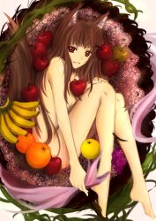 Rule 34 | 00s, 1girl, animal ears, apple, banana, barefoot, brown hair, artistic error, feet, food, fruit, grapes, holding, holo, illusionk, long hair, lying, nude, orange (fruit), red eyes, solo, spice and wolf, tail, wolf ears, wolf tail