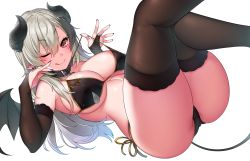 Rule 34 | 1girl, bikini, black bikini, black gloves, black thighhighs, breasts, demon girl, demon horns, demon tail, demon wings, elbow gloves, gloves, highres, horns, large breasts, long hair, looking at viewer, mole, mole on breast, one eye closed, original, pointy ears, simple background, solo, suruga (xsurugax), swimsuit, tail, thighhighs, tongue, tongue out, underboob, white background, wings