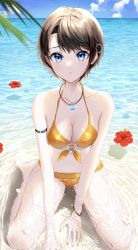 Rule 34 | 1girl, absurdres, beach, bikini, blue eyes, blue sky, blush, bracelet, breasts, cleavage, closed mouth, cloud, collarbone, commentary, flower, front-tie bikini top, front-tie top, hair ornament, halterneck, hibiscus, highres, hololive, jewelry, looking at viewer, medium breasts, nail polish, narukami arei, oozora subaru, pendant, red flower, sand, short hair, sitting, sky, soaking feet, soaking hands, solo, swimsuit, symbol-only commentary, very short hair, virtual youtuber, wariza, water, yellow bikini, yellow nails