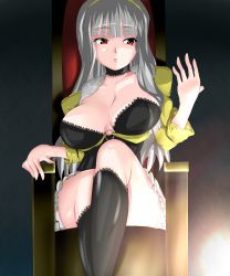 Rule 34 | 00s, 1girl, 961 production, :o, bad id, bad pixiv id, black socks, blunt bangs, breasts, chair, choker, cleavage, crossed legs, fur trim, grey hair, hair ribbon, hairband, highres, hip focus, huge breasts, idolmaster, idolmaster (classic), jacket, kneehighs, lace, large breasts, long hair, no bra, o-ring, o-ring top, open mouth, pleated skirt, red eyes, ribbon, shijou takane, sian, sitting, skirt, socks, solo, thighhighs, throne, wide hips