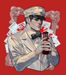 Rule 34 | 1boy, absurdres, black bow, black bowtie, black eyes, blood, blood splatter, bottle, bow, bowtie, brown hair, collared jacket, collared shirt, commentary, cropped torso, english commentary, formal, francis mosses, hands up, hat, highres, holding, holding bottle, jacket, liadadadam, long sleeves, looking at viewer, male focus, milkman, paper, picture frame, red background, shirt, short hair, solo, suit, that&#039;s not my neighbor, very short hair, white hat, white jacket, white shirt, white suit