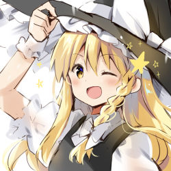 Rule 34 | 1girl, ;d, adjusting clothes, adjusting headwear, arm up, black hat, black vest, blonde hair, blush, bow, braid, commentary request, hair between eyes, hair bow, hat, hat bow, kirisame marisa, long hair, looking at viewer, natsume eri, one eye closed, open mouth, puffy short sleeves, puffy sleeves, shirt, short sleeves, sidelocks, single braid, smile, solo, star (symbol), touhou, upper body, vest, white bow, white shirt, witch hat, wrist cuffs, yellow eyes