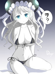Rule 34 | 10s, 1girl, abyssal ship, arms behind back, bikini, blue eyes, breasts, cleavage, colored skin, deego (omochi bazooka), covered erect nipples, front-tie top, huge breasts, kantai collection, long hair, looking at viewer, micro bikini, navel, side-tie bikini bottom, solo, swimsuit, white hair, white skin, wo-class aircraft carrier