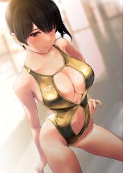 Rule 34 | 1girl, black hair, blurry, blurry background, breasts, brown eyes, cleavage, cleavage cutout, closed mouth, clothing cutout, collarbone, commentary request, gold one-piece swimsuit, hair between eyes, hand on own hip, highres, kaga (kancolle), kantai collection, large breasts, light blush, looking at viewer, medium hair, navel, navel cutout, one-piece swimsuit, pool, side ponytail, solo, standing, swimsuit, wa (genryusui)