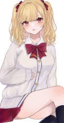 Rule 34 | 1girl, blonde hair, blush, bow, cardigan, collared shirt, commission, highres, looking at viewer, maguro (minase1684), nijisanji, open mouth, red bow, red eyes, red skirt, school uniform, shirt, sitting, skeb commission, skirt, sleeves past wrists, solo, takamiya rion, takamiya rion (6th costume), twintails, virtual youtuber, white background, white cardigan, white shirt