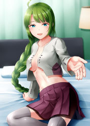 Rule 34 | 1girl, bed, bed sheet, blue eyes, blush, braid, breasts, cleavage, collarbone, green hair, grey thighhighs, highres, jewelry, kamelie, kantai collection, long hair, long sleeves, looking at viewer, medium breasts, mole, mole under mouth, open mouth, pleated skirt, purple skirt, ring, single braid, skirt, smile, solo, thighhighs, wedding band, yuugumo (kancolle), yuugumo kai ni (kancolle)