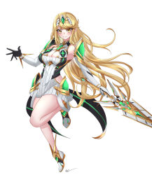 Rule 34 | 1girl, absurdres, bare legs, bare shoulders, blonde hair, breasts, chest jewel, cleavage, cleavage cutout, clothing cutout, dress, earrings, elbow gloves, gloves, highres, jewelry, large breasts, long hair, mythra (xenoblade), nintendo, nithros, short dress, simple background, solo, swept bangs, thigh strap, tiara, very long hair, white dress, white footwear, white gloves, xenoblade chronicles (series), xenoblade chronicles 2, yellow eyes