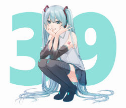 Rule 34 | 1girl, 39, arm tattoo, black footwear, black skirt, black sleeves, blue eyes, blue hair, blue nails, blue necktie, boots, collared shirt, detached sleeves, full body, grin, hair between eyes, hair ornament, hatsune miku, headphones, highres, long hair, long sleeves, looking at viewer, miniskirt, nail polish, necktie, pleated skirt, shirt, skirt, sleeveless, sleeveless shirt, smile, solo, squatting, sweeten310, tattoo, thigh boots, thighhighs, twintails, very long hair, vocaloid, white background, white shirt, wing collar, zettai ryouiki