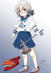 Rule 34 | 1girl, artist request, blue background, blue neckwear, blue sailor collar, blue skirt, braid, brown eyes, commentary request, dated, full body, glasses, gloves, gradient background, hat, highres, hirato (kancolle), kantai collection, long sleeves, looking at viewer, mallet, pantyhose, parody, pleated skirt, sailor collar, sailor hat, school uniform, senon, serafuku, short hair, silver hair, skirt, solo, standing, twitter username, white gloves, white pantyhose
