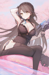 Rule 34 | 1girl, absurdres, afloat, air mattress, arknights, arm up, armpits, blacknight (arknights), blacknight (summer flower) (arknights), blush, breasts, brown hair, brown one-piece swimsuit, brown thighhighs, casual one-piece swimsuit, cherry blossoms, cleavage, closed mouth, creature, elbow gloves, gloves, hand in own hair, highres, holding, holding water gun, horns, jean.organ, large breasts, long hair, looking at viewer, mole, mole above eye, mole on breast, official alternate costume, one-piece swimsuit, revision, single glove, sitting, soaking feet, solo, swimsuit, tassel, thighhighs, v-shaped eyebrows, very long hair, water, water gun, white gloves, yellow eyes