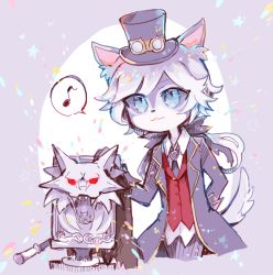 Rule 34 | 1boy, :3, animal ears, biko0205, black bow, black coat, black neckwear, blue eyes, body fur, bow, coat, collared shirt, colored sclera, furry, furry male, grey fur, grey sclera, hair bow, hat, identity v, joseph desaulniers, long sleeves, male focus, moonlight gentleman (identity v), musical note, necktie, official alternate costume, ponytail, red vest, shirt, simple background, spoken musical note, standing, tail, top hat, vest, white fur, white hair, white shirt