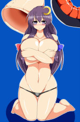 Rule 34 | 1girl, black panties, blue background, breast hold, breasts, bursting breasts, cell (dragon ball), crossed arms, dragon ball, dragonball z, highres, huge breasts, long hair, panties, patchouli knowledge, purple eyes, purple hair, simple background, solo, taku (yakumodaisuki), touhou, underwear