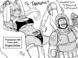 Rule 34 | 1girl, 2boys, absurdres, alien, armor, armored boots, arms behind head, astra militarum, bb (baalbuddy), body writing, boots, breastplate, breasts, cleavage, commentary, commissar, dark-skinned female, dark skin, english commentary, english text, greyscale, helmet, heresy, highleg, highleg panties, highres, imagining, imperium of man, knee pads, large breasts, linea alba, long hair, mechanical arms, monochrome, multiple boys, navel, no nose, panties, pauldrons, ponytail, pubic tattoo, shoulder armor, soldier, sports bra, t&#039;au, tattoo, thick thighs, thigh boots, thighs, toned, underboob, underwear, underwear only, warhammer 40k