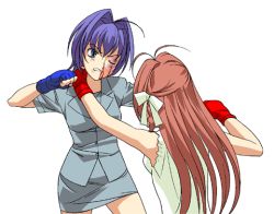 Rule 34 | 00s, 2girls, a1 (initial-g), animated, animated gif, battle, blood, blue gloves, face punch, fighting, fingerless gloves, formal, gloves, hayase mitsuki, in the face, kimi ga nozomu eien, lowres, multiple girls, pencil skirt, punching, red gloves, skirt, skirt suit, suit, suzumiya haruka