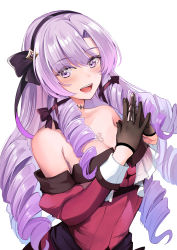 Rule 34 | 1girl, bare shoulders, black gloves, blush, breasts, dress, drill hair, gloves, highres, hyakumantenbara salome, hyakumantenbara salome (1st costume), konka, large breasts, light purple hair, long hair, looking at viewer, nijisanji, off-shoulder dress, off shoulder, open mouth, parted bangs, purple eyes, red dress, smile, solo, virtual youtuber