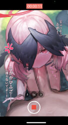 Rule 34 | 1boy, 1girl, absurdres, blue archive, blush, censored, commentary request, fake phone screenshot, fake screenshot, fellatio, halo, hand on another&#039;s thigh, head wings, hetero, highres, koharu (blue archive), koharu (swimsuit) (blue archive), looking at viewer, looking up, mosaic censoring, official alternate costume, one eye covered, oral, outdoors, penis, pink eyes, pink hair, pov, pov crotch, recording, signalviolet, squatting, translation request, twintails, wings