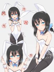 Rule 34 | 1girl, :o, ?, @ @, absurdres, animal ears, black hair, black pantyhose, blue bow, blue eyes, blush, bow, breasts, cleavage, closed mouth, commentary request, fake animal ears, flying sweatdrops, grey background, groin, hair between eyes, hair bow, hairband, heavy breathing, highres, layla (mino), leotard, looking at viewer, low ponytail, multiple views, nonono (mino), open mouth, original, panties, pantyhose, parted lips, playboy bunny, ponytail, rabbit ears, side-tie panties, simple background, sitting, small breasts, spoken question mark, strapless, strapless leotard, thighband pantyhose, underwear, white hairband, white leotard, white panties