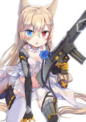 Rule 34 | 1girl, animal ears, assault rifle, babydoll, barcode, barcode tattoo, black footwear, black gloves, blue eyes, blush, boots, breasts, chestnut mouth, cleavage, collarbone, detached collar, elbow gloves, fang, g41 (girls&#039; frontline), girls&#039; frontline, gloves, groin, gun, h&amp;k g41, hair between eyes, hair ornament, heterochromia, holding, holding gun, holding weapon, jin young-in, kneeling, light brown hair, long hair, looking at viewer, medium breasts, name connection, navel, object namesake, pleated skirt, red eyes, rifle, see-through, simple background, skirt, solo, tattoo, thighhighs, very long hair, weapon, white background, white skirt, white thighhighs