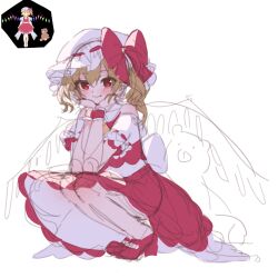 Rule 34 | 1girl, ankle socks, ascot, back bow, bow, closed mouth, flandre scarlet, full body, hands on own chin, hat, hat ribbon, highres, light smile, looking at viewer, mary janes, mob cap, puffy short sleeves, puffy sleeves, rakugakiman2222, red eyes, red footwear, red ribbon, red skirt, red vest, ribbon, ribbon-trimmed headwear, ribbon-trimmed sleeves, ribbon trim, shirt, shoes, short sleeves, skirt, smile, socks, solo, stuffed toy, touhou, vest, white hat, white shirt, white socks, wings, wrist cuffs, yellow ascot