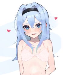 Rule 34 | 1girl, absurdres, alternate hair length, alternate hairstyle, arms behind back, black hairband, blue eyes, blue hair, blush, bra, breasts, choker, chung1000, hair between eyes, hairband, heart, highres, long hair, looking at viewer, pink bra, ryuuou no oshigoto!, small breasts, smile, solo, sora ginko, sweat, underwear, upper body, white choker