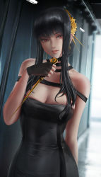 Rule 34 | 1girl, absurdres, arm behind back, bare shoulders, black choker, black dress, black gloves, black hair, breasts, choker, cleavage, dagger, dress, earrings, fingerless gloves, flower, gloves, gold earrings, gold hairband, hair flower, hair ornament, hairband, hand up, highres, holding, holding dagger, holding knife, holding weapon, jewelry, knife, lips, long hair, medium breasts, parted lips, red eyes, reverse grip, rose, sidelocks, solo, spikes, spy x family, stiletto (weapon), taut clothes, taut dress, upper body, weapon, yoellim5, yor briar