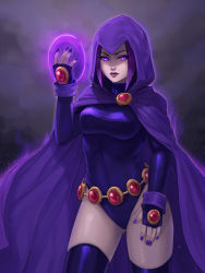 Rule 34 | 1girl, absurdres, bob cut, breasts, cape, closed mouth, contrapposto, cowboy shot, dc comics, fingerless gloves, fingernails, gloves, glowing, glowing eyes, hand up, highres, hood, hood up, hooded cape, inverted bob, large breasts, leotard, lipstick, looking at viewer, magic, makeup, medium hair, nail polish, purple cape, purple eyes, purple hair, purple leotard, purple nails, purple thighhighs, raven (dc), solo, teen titans, thighhighs, tropic02