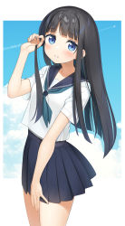 Rule 34 | 1girl, absurdres, aircraft, airplane, apollo (hu maple), black hair, black sailor collar, black skirt, blue eyes, blue neckerchief, blue sky, blunt bangs, blush, breasts, cloud, commentary request, commission, contrail, day, hand up, highres, long hair, looking at viewer, neckerchief, original, parted lips, pleated skirt, sailor collar, school uniform, serafuku, short sleeves, skeb commission, skirt, sky, small breasts, smile, solo, very long hair