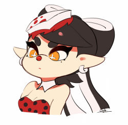 Rule 34 | + +, 1girl, alternate color, bare shoulders, black hair, breasts, bug, callie (splatoon), cleavage, closed mouth, coula cat, cross-eyed, detached collar, earrings, food, food on head, frown, hair rings, inkling, insect, jewelry, ladybug, long hair, mole, mole under eye, nintendo, object on head, orange eyes, pointy ears, polka dot, simple background, small breasts, solo, splatoon (series), splatoon 1, strapless, symbol-shaped pupils, tentacle hair, upper body, white background