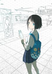 Rule 34 | 1girl, aqua eyes, backpack, bad id, bad twitter id, badge, bag, black hair, blue skirt, button badge, cellphone, closed mouth, collared shirt, gotyou, highres, indoors, looking at viewer, looking back, original, phone, plaid, plaid skirt, pleated skirt, school uniform, shirt, short hair, sidelocks, skirt, sleeves rolled up, smartphone, smartphone case, solo, standing, wristband
