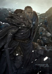 Rule 34 | 1boy, a song of ice and fire, armor, battle, beard, belt, blood, chainmail, character request, commentary request, facial hair, game of thrones, gauntlets, graphite (medium), helmet, highres, looking at viewer, mountain, no shirt, open mouth, palamecia (msndeath), shield, snow, snowing, stairs, sword, traditional media, undead, weapon