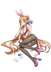 Rule 34 | 1girl, animal ears, artist request, asuna (sao), black leotard, bow, bowtie, brown eyes, brown hair, brown pantyhose, detached collar, fake animal ears, fake tail, fishnet pantyhose, fishnets, high heels, highres, leotard, long hair, official art, pantyhose, playboy bunny, rabbit ears, rabbit tail, simple background, strapless, strapless leotard, sword art online, tail, very long hair, white background, wrist cuffs