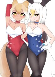 Rule 34 | 2girls, alternate costume, animal ears, arm behind head, bald eagle (kemono friends), bare shoulders, bird girl, bird tail, bird wings, black pantyhose, blonde hair, blue choker, blue leotard, blush, brown hair, bunny day, choker, commentary, covered navel, cowboy shot, coyote (kemono friends), elbow gloves, extra ears, gloves, gluteal fold, hair between eyes, hand around waist, hand on another&#039;s hip, head wings, highres, illu (illu stratos), impossible clothes, impossible leotard, kemono friends, leotard, looking at viewer, multicolored hair, multiple girls, navel, pantyhose, playboy bunny, red choker, red gloves, red leotard, short hair, sidelocks, smile, star (symbol), strapless, strapless leotard, symbol-only commentary, tail, two-tone leotard, white gloves, white hair, white leotard, wings, wolf ears, wolf girl, wolf tail, yellow eyes