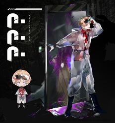 Rule 34 | 1boy, absurdres, bishounen, black footwear, blonde hair, blood, bloody handprints, blue eyes, building, chibi, chibi inset, coat, colored blood, english text, gloves, goggles, goggles on head, gun, handprint, handgun, hawaiian shirt, highres, id card, lab coat, lanyard, lower teeth only, male focus, multicolored clothes, multiple views, nykim0915, open clothes, open coat, open mouth, original, patterned, patterned clothing, purple blood, red gloves, see-through, shirt, socks, teeth, tile floor, tiles, two-tone gloves, weapon, white coat, white eyes, white footwear, white gloves