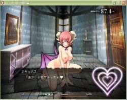 Rule 34 | 1girl, breasts, demon girl, female focus, heart, horns, indoors, kneeling, nipples, non-web source, nude, pink hair, solo, succubus quest, translated, wings