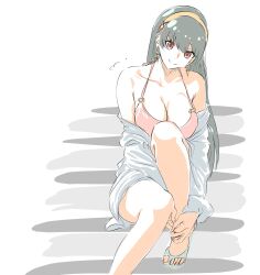 Rule 34 | 1girl, bare legs, bare shoulders, bikini, black hair, breasts, cleavage, earrings, feet, hair ornament, hairband, highres, jacket, jewelry, large breasts, legs, long hair, looking at viewer, mitsugu, red eyes, simple background, sitting, smile, solo, spy x family, swimsuit, white background, yor briar