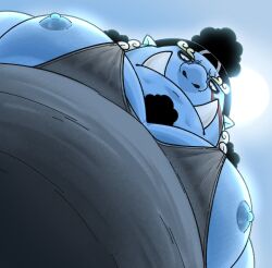 Rule 34 | 1boy, bara, belly, big belly, black hair, black tank top, blue skin, colored skin, curly eyebrows, facial hair, fat, fat man, fish boy, fishdaddyjinbe, foreshortening, from below, goatee, half-closed eyes, highres, jinbe (one piece), large pectorals, long hair, looking at viewer, looking down, male breasts, male focus, mature male, meme, monster boy, muscular, muscular male, nipple slip, nipples, obese, one piece, pectoral cleavage, pectoral focus, pectorals, photo-referenced, sidepec, solo, sunlight, tank top, thick eyebrows, tusks, ugly man, upper body, yur oc like this (meme)
