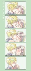 Rule 34 | 1boy, 1girl, black hair, blonde hair, blue eyes, blush, closed eyes, cloud strife, couple, covering face, earrings, embarrassed, eyelashes, final fantasy, final fantasy vii, final fantasy vii remake, head on another&#039;s shoulder, hetero, highres, holding another&#039;s head, jewelry, kiss, long hair, looking at another, sequential, shiori8 ff, sleeveless, sleeveless turtleneck, smile, spiked hair, tifa lockhart, turtleneck