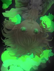Rule 34 | 1girl, blonde hair, dark, female focus, glowing, glowing eyes, green eyes, green theme, hand to own mouth, looking at viewer, lying, mizuhashi parsee, open mouth, pointy ears, riinu (ir-n), scarf, short hair, smile, solo, touhou, upside-down