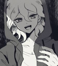 Rule 34 | 1boy, :d, black background, collarbone, commentary request, danganronpa (series), danganronpa 2: goodbye despair, grey background, hand up, hood, hood up, hooded jacket, jacket, komaeda nagito, looking at viewer, male focus, medium hair, messy hair, mikao (eanv5385), open clothes, open jacket, open mouth, shirt, smile, solo, teeth, upper body, upper teeth only