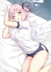 Rule 34 | 1girl, alternate costume, angel, angel wings, bed sheet, blue archive, blush, braid, breasts, buruma, double bun, feathered wings, gym uniform, hair bun, halo, highres, large breasts, looking at viewer, low wings, lying, medium breasts, mika (blue archive), on side, open mouth, pink hair, purple eyes, shirt, short sleeves, single side bun, smile, solo, white shirt, white wings, wings, yamasan