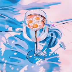 Rule 34 | cloth, cup, drinking glass, floating, flower, highres, meyoco, no humans, original, partially immersed, photo-referenced, shadow, signature, water, white flower, wine glass