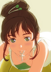 Rule 34 | 1990s (style), 1girl, bad id, bad pixiv id, bishoujo senshi sailor moon, breasts, breasts apart, brown hair, downblouse, green eyes, hair ornament, hair up, hairclip, jewelry, kino makoto, kouno (masao), leaning forward, medium breasts, mouth hold, necklace, no bra, pendant, ponytail, retro artstyle, solo, upper body