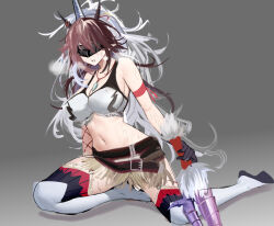 Rule 34 | 1girl, absurdres, arknights, arm strap, bare shoulders, belt, breasts, brown hair, cleavage, clenched teeth, crop top, eye mask, facing viewer, grey background, highres, holding, holding weapon, horns, jewelry, kirin (armor), kirin r yato (arknights), large breasts, long hair, midriff, mikuning, monster hunter (series), navel, necklace, sleeveless, solo, stomach, sweatdrop, teeth, thighhighs, weapon, white thighhighs, yato (arknights)