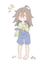 Rule 34 | 1girl, :3, :d, ^ ^, absurdres, aged down, ahoge, bandaid, bandaid on face, bandaid on nose, barefoot, blush stickers, brown hair, closed eyes, crayon, do it yourself!!, highres, medium hair, megateru, open mouth, overalls, smile, solo, suspenders, suspenders slip, white background, yua serufu