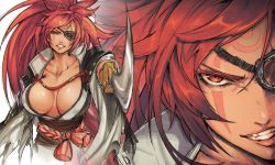 Rule 34 | 1girl, absurdres, baiken, blurry, blurry background, breasts, collarbone, commentary, eyepatch, facial mark, forehead mark, guilty gear, guilty gear strive, highres, holding, holding weapon, japanese clothes, katana, large breasts, lips, long hair, looking at viewer, multiple views, obi, parted lips, ponytail, red eyes, red hair, sash, scar, scar across eye, shimetsukage, shiny skin, simple background, smile, solo, sword, teeth, weapon