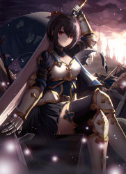 Rule 34 | 1girl, absurdres, arm up, armor, armored boots, bad id, bad pixiv id, black hair, black skirt, black thighhighs, boots, breasts, choker, cleavage, crossed legs, faulds, gauntlets, hair between eyes, highres, knee boots, looking at viewer, luc (kor), medium breasts, miniskirt, original, outdoors, parted lips, pleated skirt, red eyes, short hair, sitting, skirt, solo, thighhighs, white footwear, zettai ryouiki