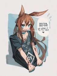 Rule 34 | absurdres, amiya (arknights), animal ears, arknights, blue background, blue collar, blue eyes, blush, border, brown hair, clothes writing, collar, collarbone, english text, extra ears, grey border, hair between eyes, heart, highres, jewelry, long hair, looking at viewer, material growth, multiple rings, neck ring, oripathy lesion (arknights), outside border, ponytail, rabbit ears, rabbit girl, ring, shirt, shirt tug, short sleeves, sidelocks, simple background, speech bubble, t-shirt, togekk0, upper body, very long hair