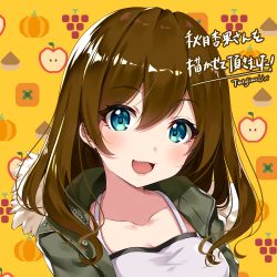 Rule 34 | 1girl, apple print, blue eyes, bra strap, breasts, brown hair, character request, collarbone, copyright request, eyes visible through hair, green jacket, hair between eyes, highres, hood, jacket, long hair, looking at viewer, medium breasts, open mouth, solo, tatejima uri, virtual youtuber, yellow background